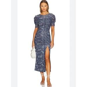 Free People Briella Floral Ruched Midi Dress in Navy Combo Sz XS
